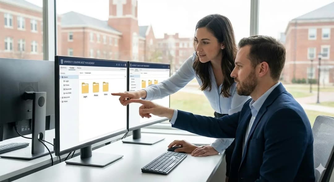 Creative director and designer reviewing approved brand assets